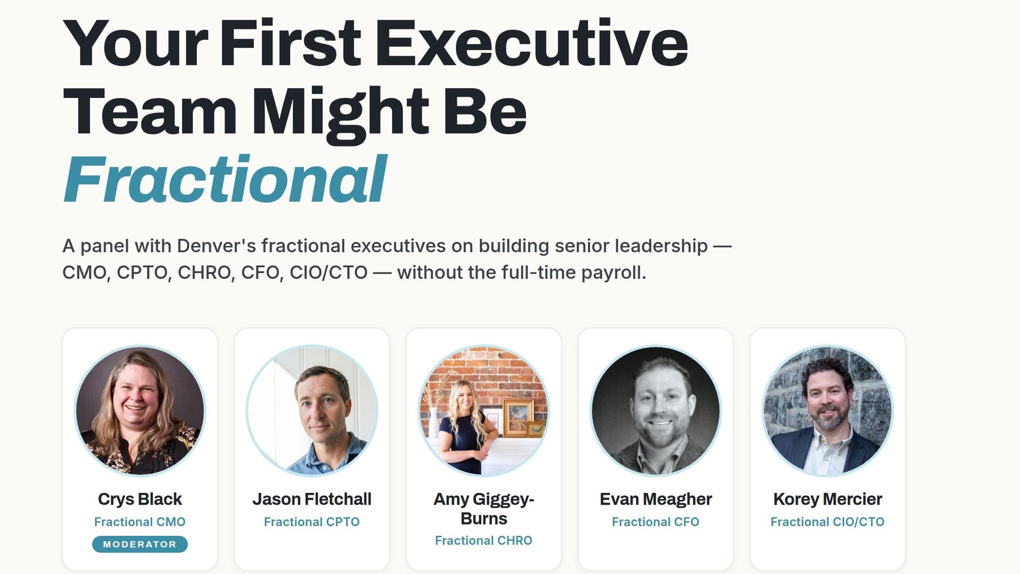 Your First Executive Team Might Be Fractional – Colorado Startup Week 2026 panel with Crys Black (moderator), Jason Fletchall, Amy Giggey-Burns, Evan Meagher, and Korey Mercier