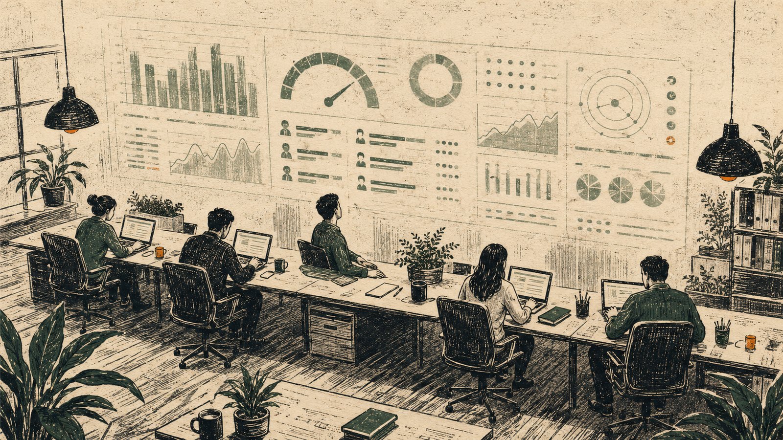 Woodcut illustration of an open-plan office where a large dashboard of bars and gauges looms over people working at laptops