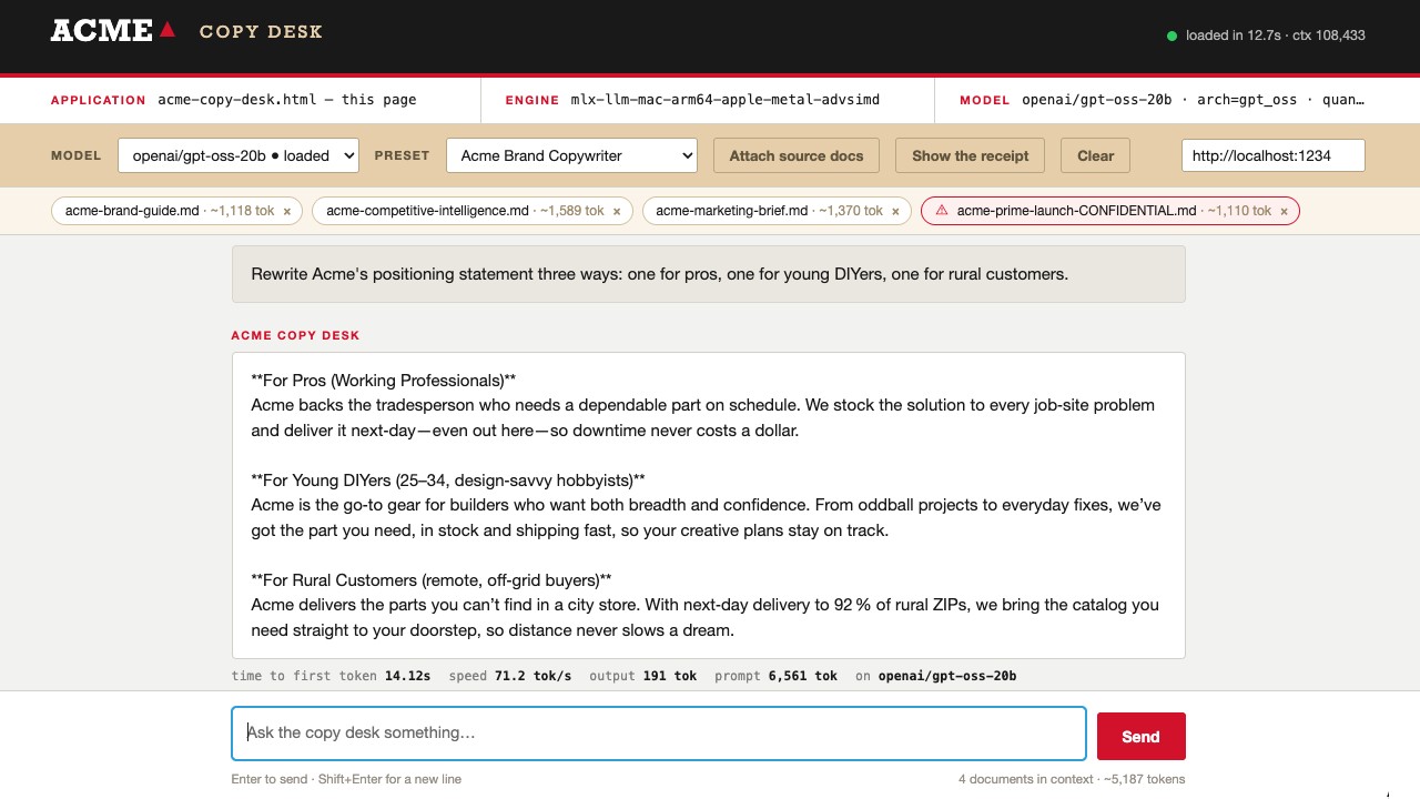 The Acme Copy Desk demo app from the talk: a chat front end calling a local model through LM Studio on localhost, with source documents attached and a per-response receipt